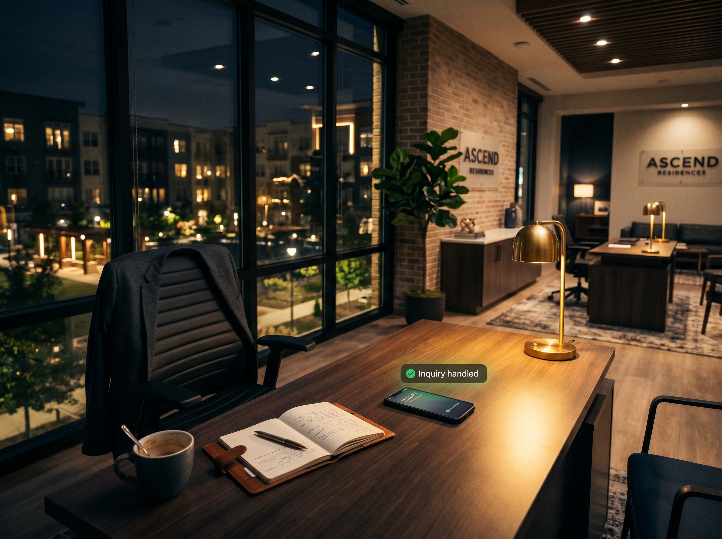 Property manager office at night with inquiry already handled